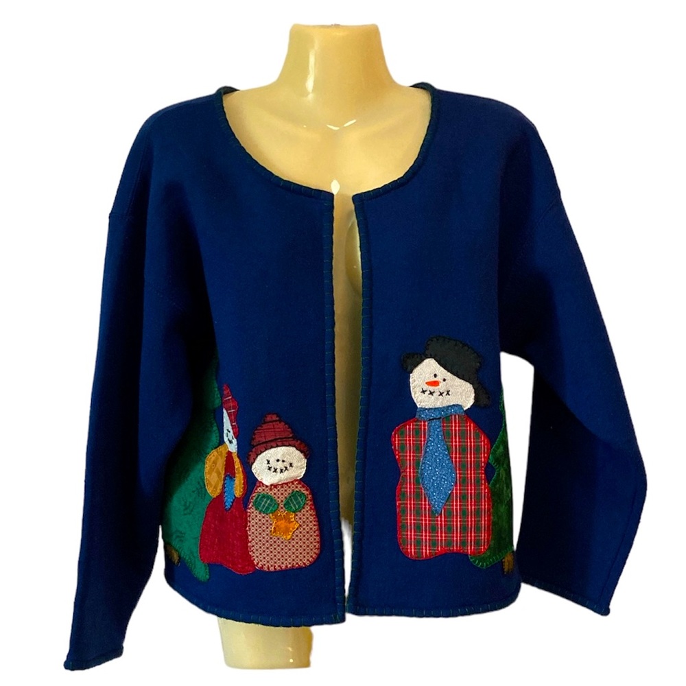 Snowmen Appliqué Sweatshirt Jacket Wearable Art Trees Snow Handcrafted Upcycle M